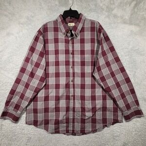 Haggar Clothing Mens Plaid Long Sleeve Button Down Shirt XXL Burgundy Grey *
